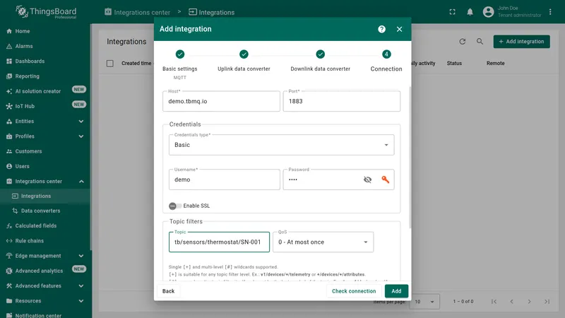 Add integration wizard — Connection: Host demo.tbmq.io, Port 1883, Credentials type Basic with username demo, topic filter tb/sensors/thermostat/SN-001 with QoS 0 At most once