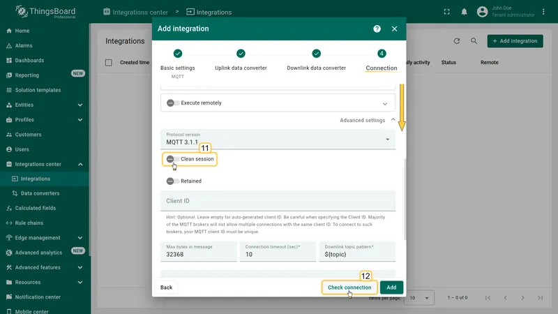 Add integration wizard — Connection Advanced settings: Clean session unchecked, Downlink topic pattern ${topic}, Check connection button