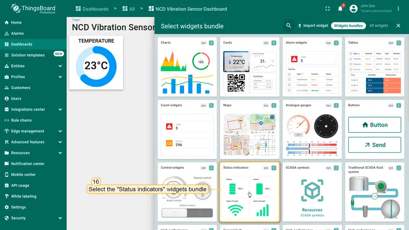 In this case, we will add a second widget to display the sensor's battery percentage. Go to the "**Status indicators**" widget bundle