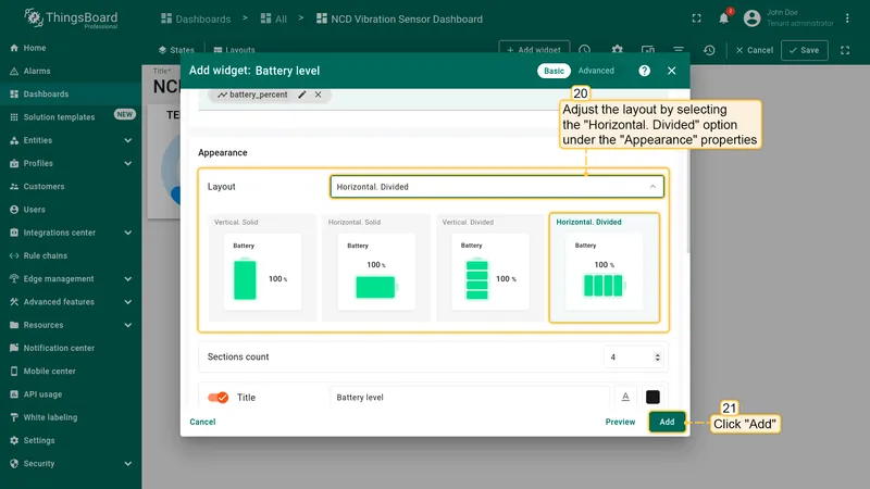 We will adjust the layout by selecting the "**Horizontal. Divided**" option under the "**Appearance**" properties. ThingsBoard provides real-time visualization of available layout types for this widget, making it a valuable tool for fine-tuning this property. Click "**Add**"