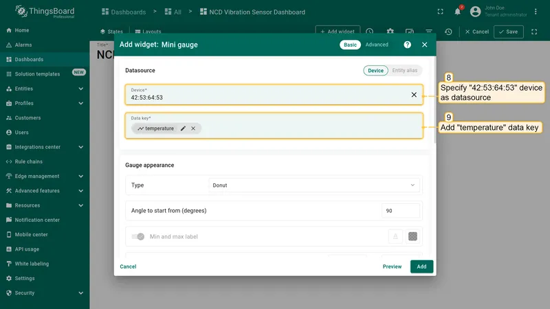 You will need to specify the device this widget will be linked to. In the "**Device**" property, select the device we have created. In the "**Data key**" property, clicking "**+Add**" will display a list of variables emitted by the sensor. In this case, select the "**Temperature**" option.