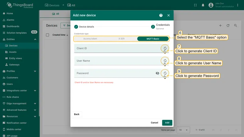 You will now be taken to the device credentials window. Select the "**MQTT Basic**" option (you can optionally add additional MQTT security layers here). Next, generate the **Client ID**, **Username**, and **Password** by clicking the "Generate" button next to each option. These credentials are required for configuring the **Node-RED MQTT node** to establish a connection with the **Enterprise IIoT Gateway**.