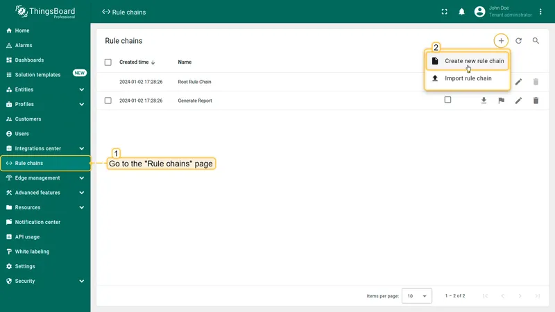 Rule Chains page with the + button menu expanded and Create new rule chain option highlighted