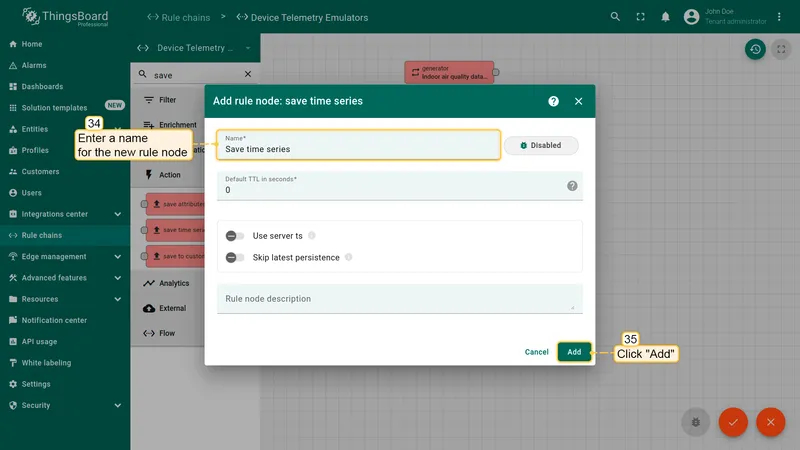 Add rule node save time series dialog with default settings