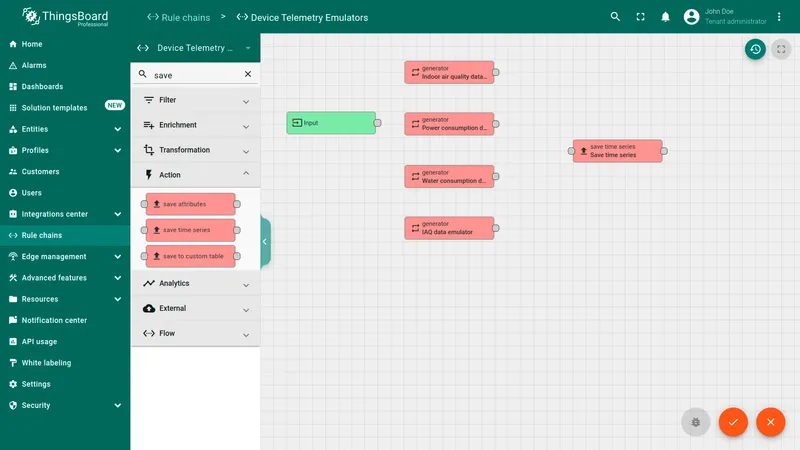 Rule chain editor showing connection from generator to save time series node