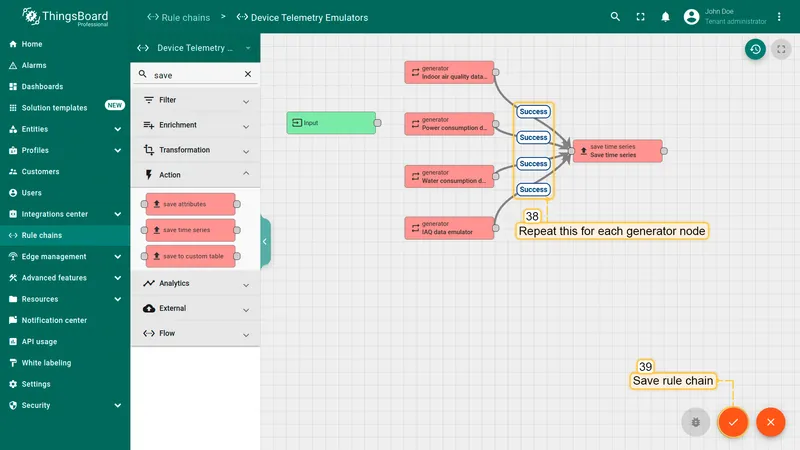 Completed rule chain with multiple generators connected to save time series and save button highlighted