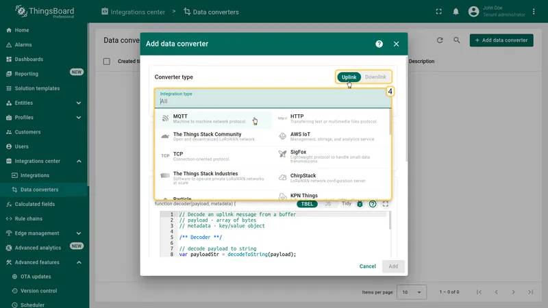 Add data converter dialog — Converter type set to Uplink, Integration type dropdown listing MQTT, HTTP, ChirpStack, and other types