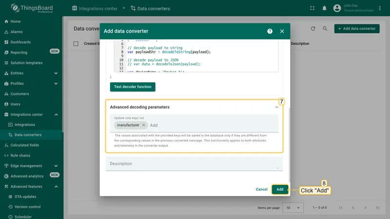 Add data converter dialog — Test decoder function button and Advanced decoding parameters with Update only keys list