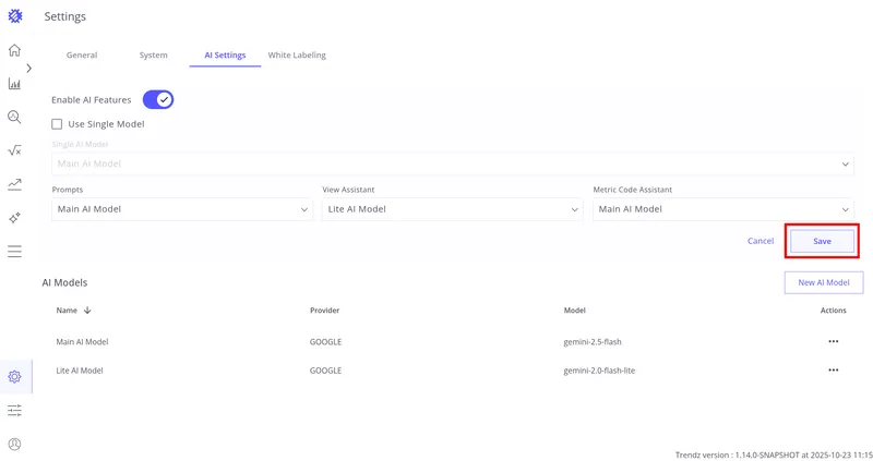 Save button in the AI Features section