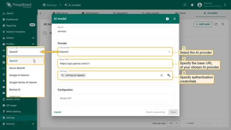 AI provider dropdown