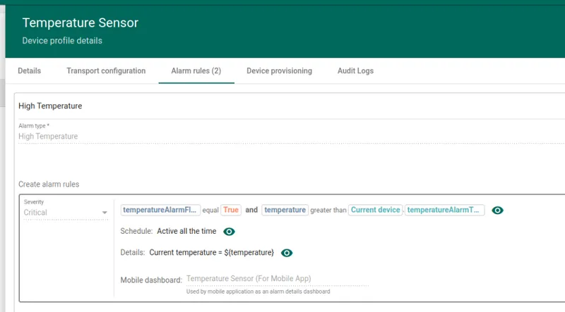 Mobile dashboard field in alarm rule form