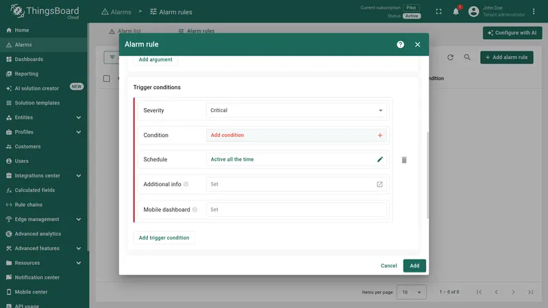 Trigger conditions section with Critical severity and Add condition button