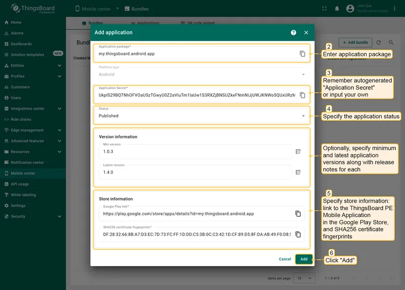 Android application form showing package name, secret, status, versions, and store info fields