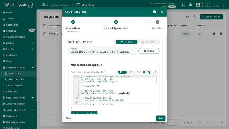 Add integration wizard — Uplink data converter step: Create new tab selected, name pre-filled, Main decoding configuration section with TBEL code editor