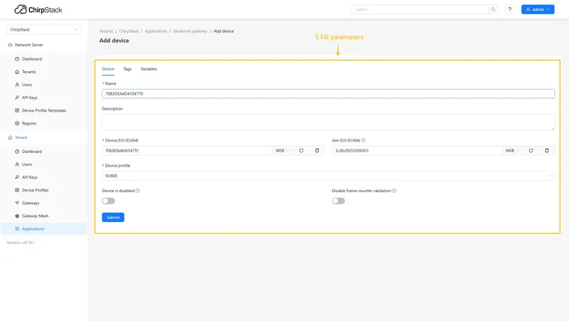 Fill in the required fields with your device information and specify the previously created device profile.