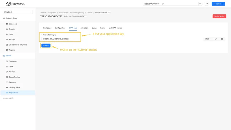 Put your **Application key** to the field and click on **Submit** button to save the device.