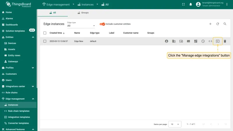 Edge instance — click Manage edge integrations
