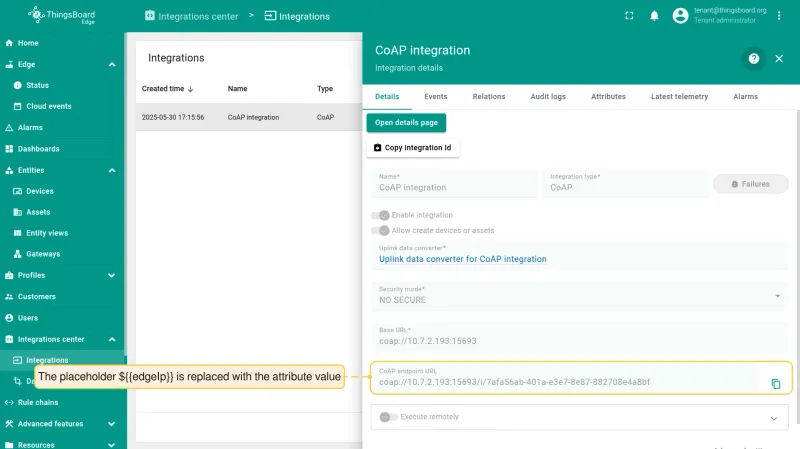 Integration details — edgeIp placeholder resolved to attribute value