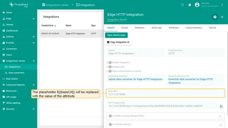 Integration details showing ${{baseUrl}} resolved to the attribute value