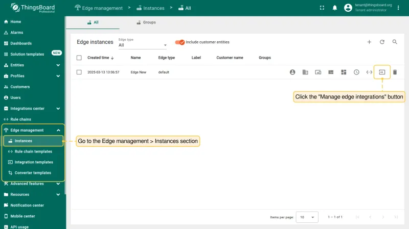 Click Manage edge integrations on the Edge instance