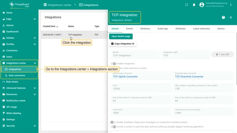 TCP integration visible on Edge under Integration center