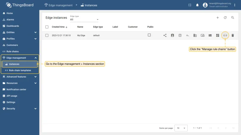 Edge instance context menu with Manage rule chains option
