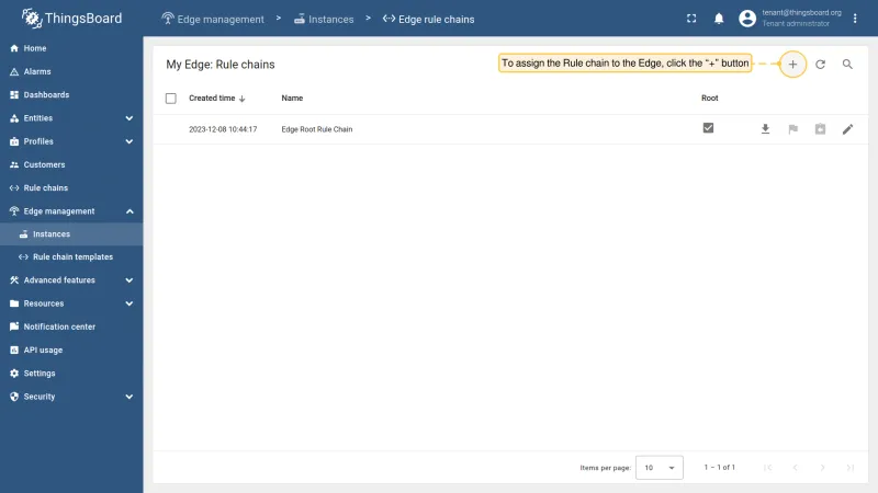 Rule chains list for the Edge instance with Add button