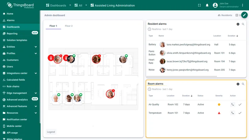 Room alarms with infrastructure events and configurable thresholds