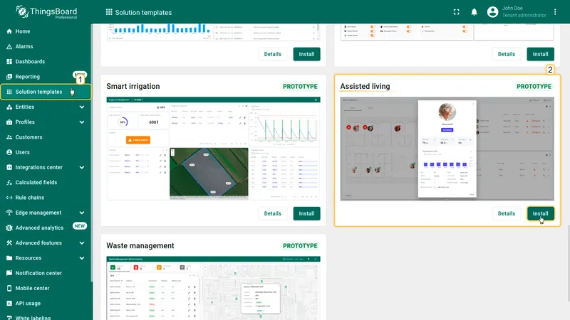 Solution templates page with Assisted living