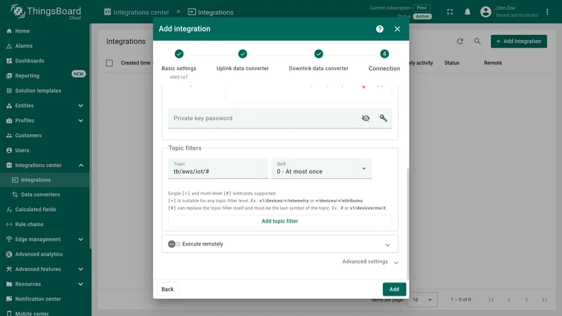 Add integration wizard — Connection continued: topic filter tb/aws/iot/# with QoS At most once, Add button