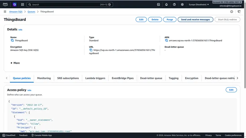 AWS SQS queue details page — Send and receive messages button highlighted