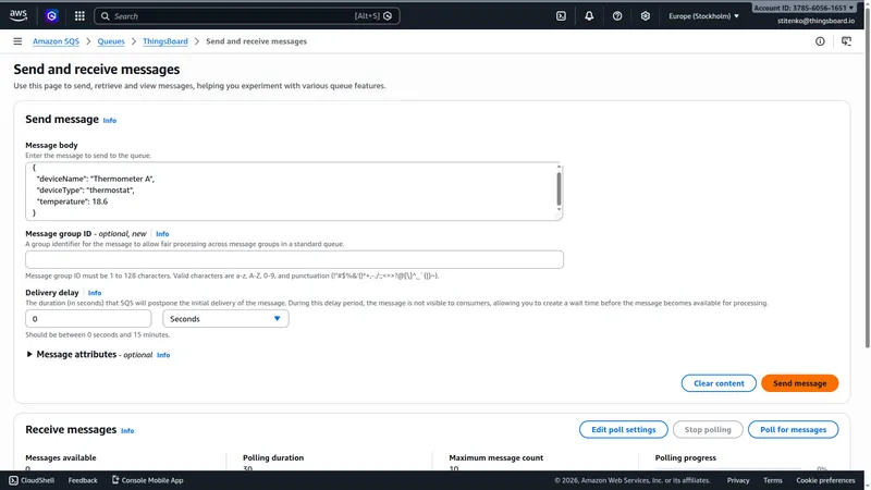 Send and receive messages console — JSON test payload entered in the Message body field