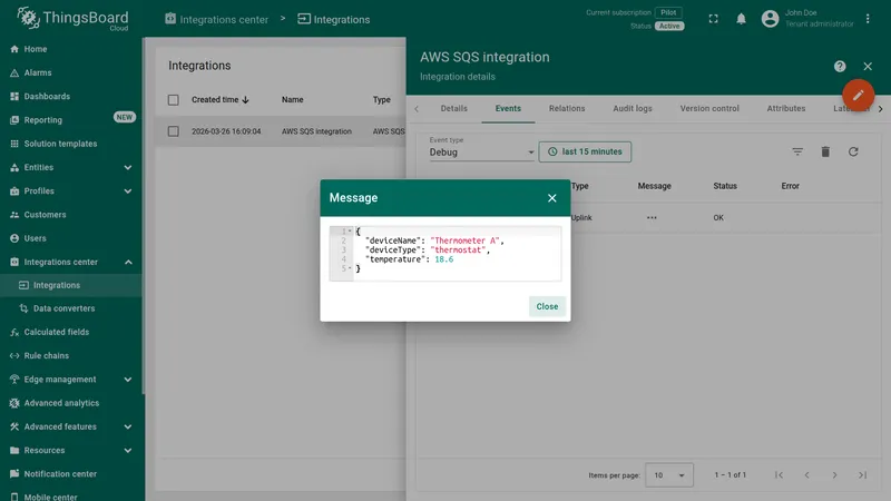 ThingsBoard Integration Events tab with a Message dialog showing raw JSON payload