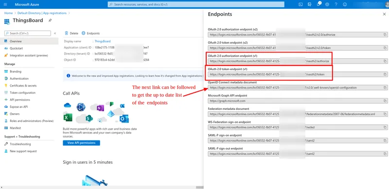 Azure application Endpoints panel showing OAuth 2.0 endpoints