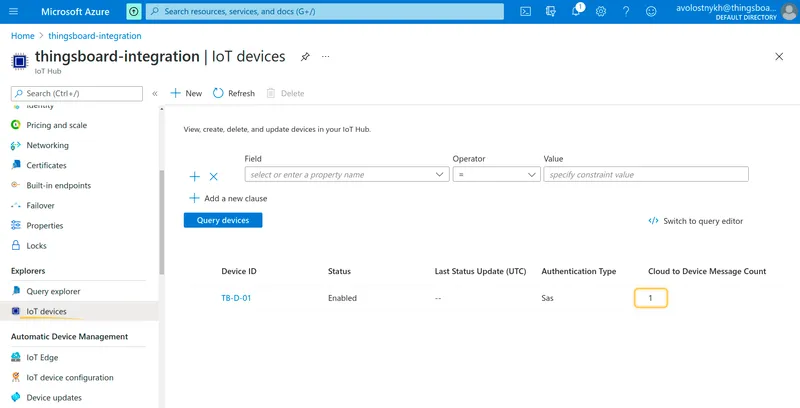 Azure IoT Hub IoT devices page showing TB-D-01 with Cloud to Device Message Count equal to 1
