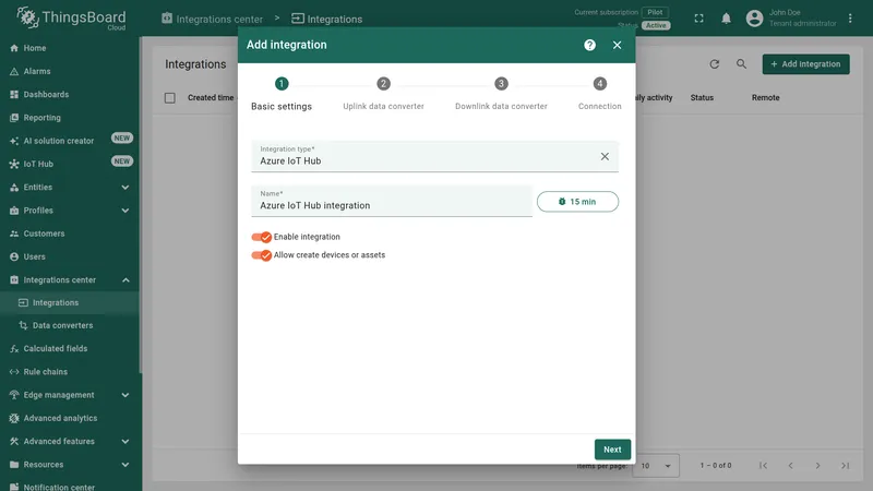 Add integration wizard — Basic settings: Integration type set to Azure IoT Hub, name Azure IoT Hub integration, Enable integration and Allow create devices or assets toggled on