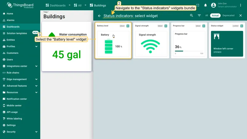 Select Battery level widget from Status indicators bundle