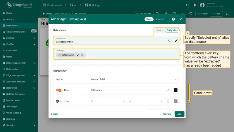 Configure datasource with Selected entity and batteryLevel key
