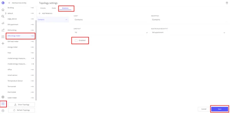 Business Entity relations tab showing the Enabled checkbox for each relation type