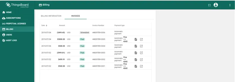 Billing section in License portal