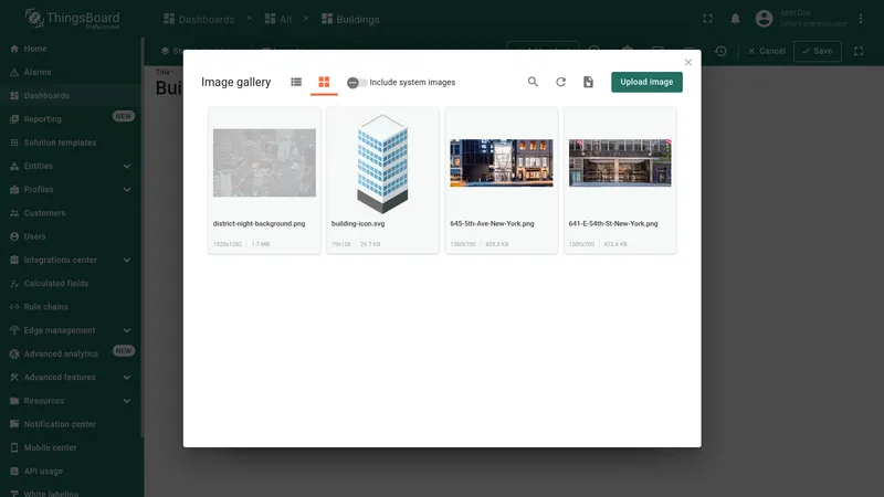 Upload image dialog with image preview and upload area