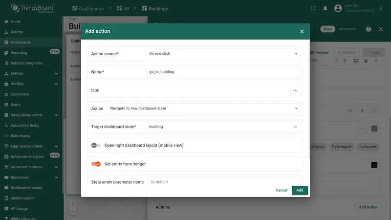 Entities table Actions dialog with add button