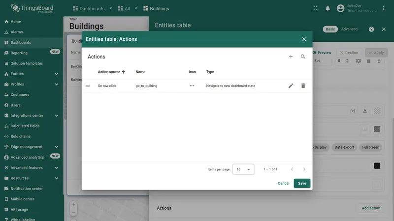 Add action dialog with configured navigation action