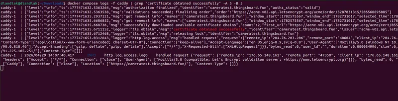 Terminal output of docker compose logs caddy filtered for "certificate obtained successfully", with the matching tls.obtain log line highlighted alongside surrounding ACME order messages.