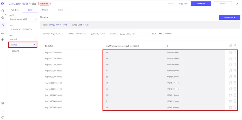 Calculated field Input tab showing real data and built-in variable fields