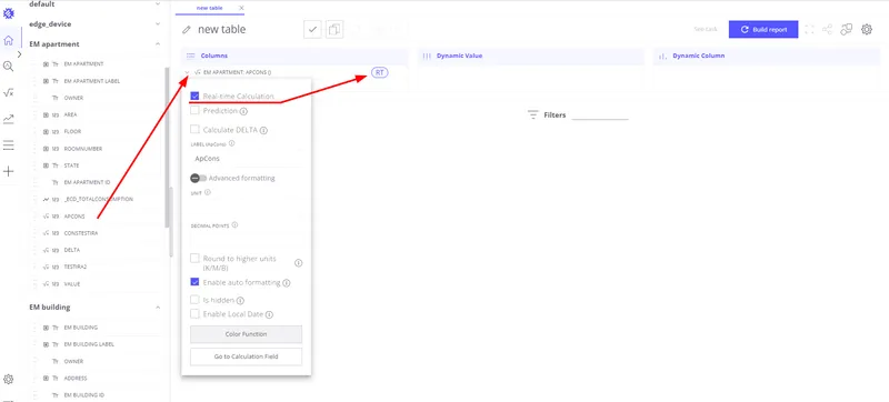 View field panel showing real-time (RT) toggle for a calculated field