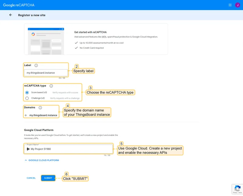 Register a new site form with label, reCAPTCHA type, and domain fields highlighted