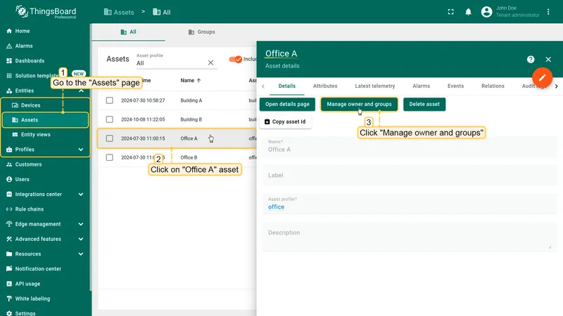 Open asset details and manage owner