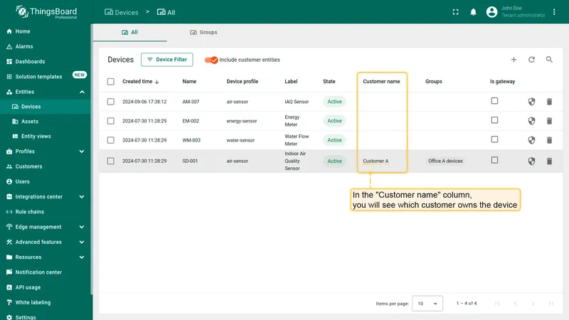 View device ownership in table