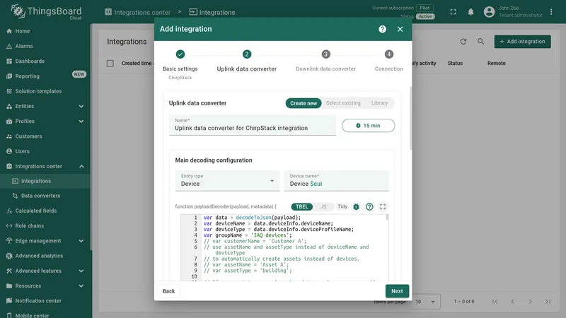 Add integration wizard — Uplink data converter: ChirpStack Uplink Converter selected via Select existing